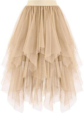 Women's Champagne High Layered Asymmetrical Puffy Fairy Midi Length Tulle Skirt